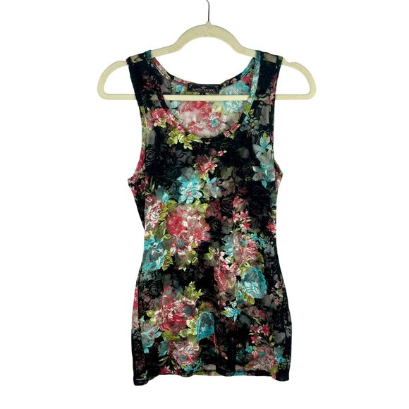Y2K Almost Famous Shear Floral Tank Shirt Women Large Black Pink Sleeveless Boho - Picture 1 of 5